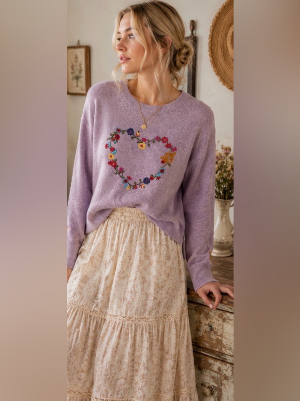 Sundance Lavender Romantic Embroidered Floral Chic Wool Boho Cottagecore Sweater